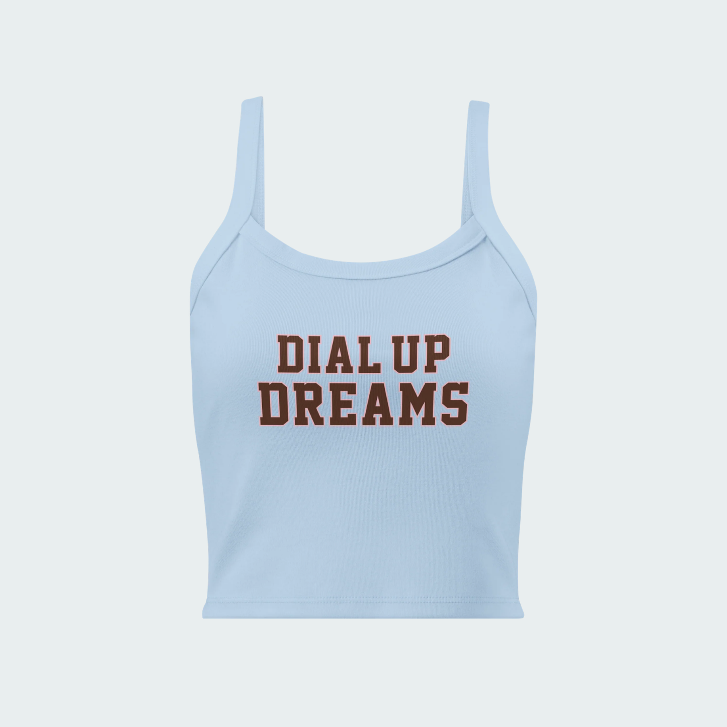Light blue tank top with 'Dial Up Dreams' text on a light gray background