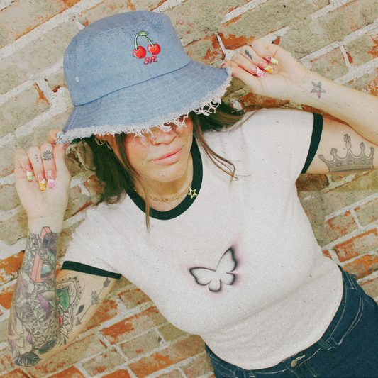 Cherry STL Distressed denim bucket hat