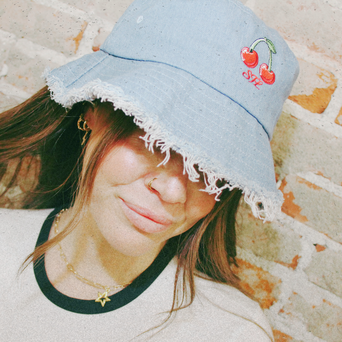 Cherry STL Distressed denim bucket hat