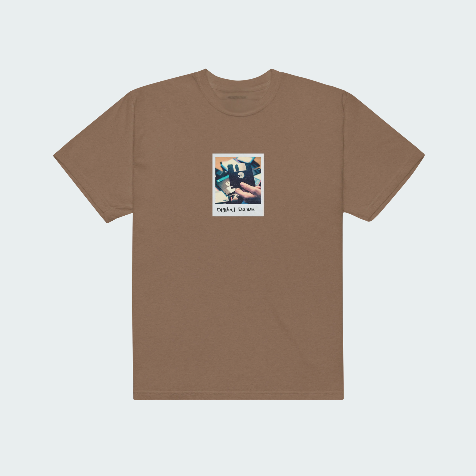 Brown t-shirt with a small graphic on a light gray background