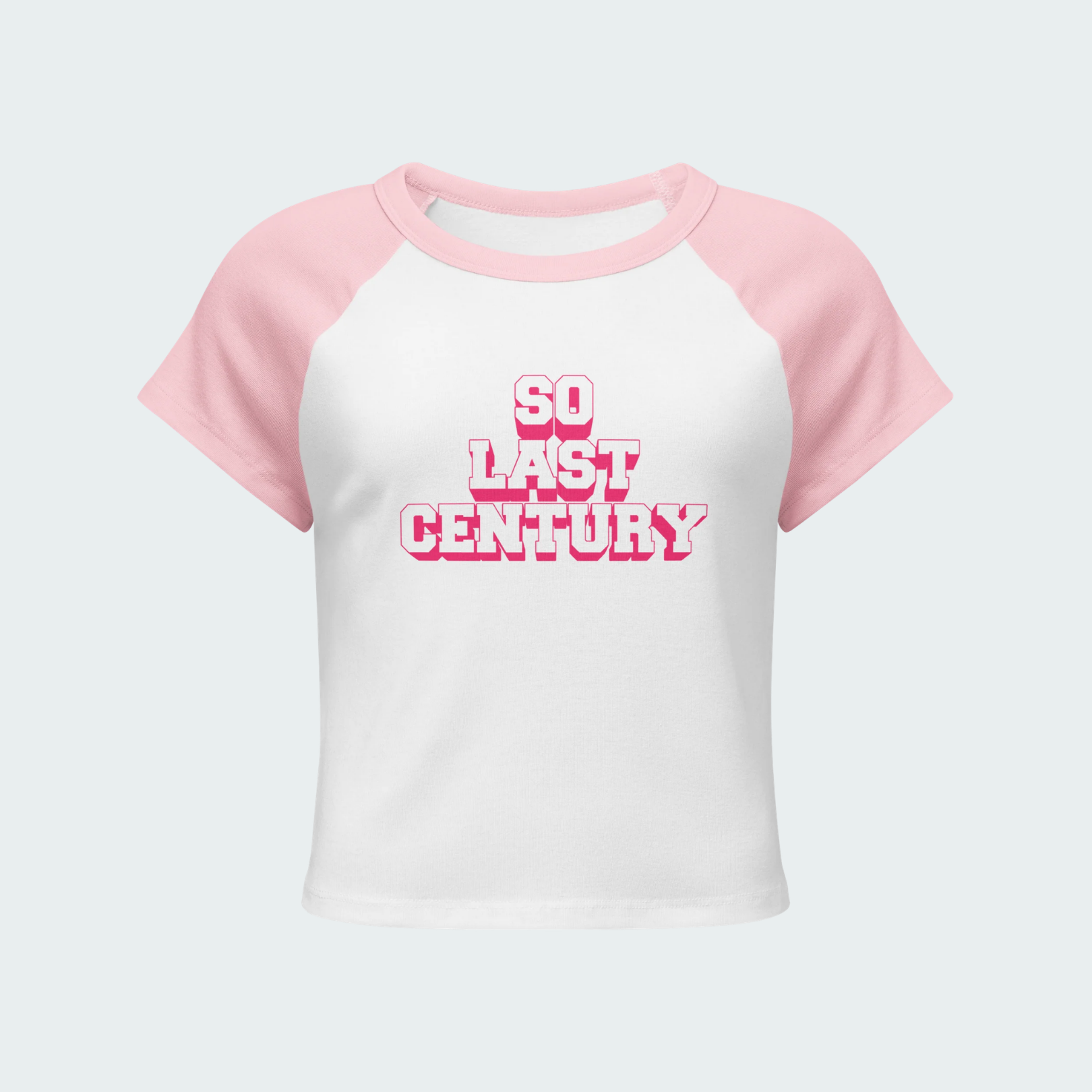 White crop top with pink sleeves and 'SO LAST CENTURY' text on a light gray background